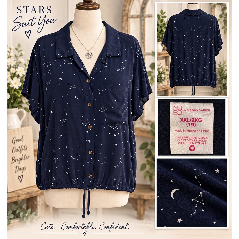 No Boundaries Navy Blue Celestial Constellation Moon Print Button Down Top XXL